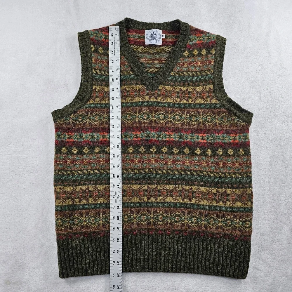 J.PRESS Fair Isle V-Neck Knit Vest Men's Medium 100% Wool Made In Scotland